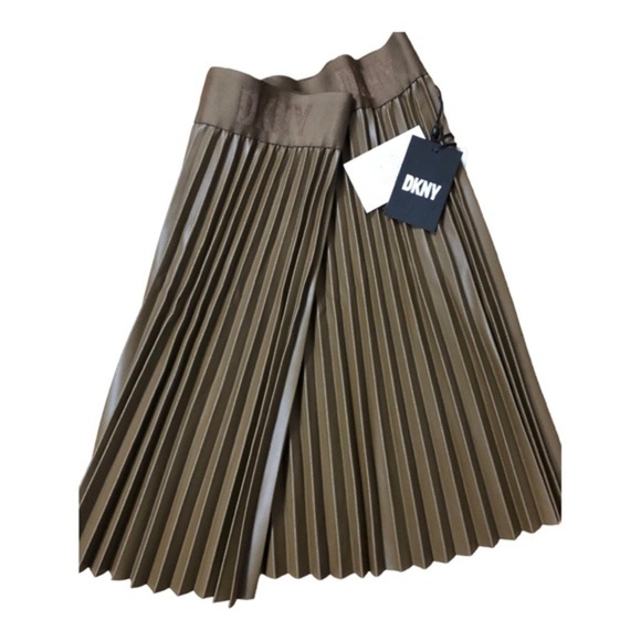 DKNY olive Faux leather accordian Pleats logo waistband Mini Skirt‎ size XL new - Picture 9 of 15